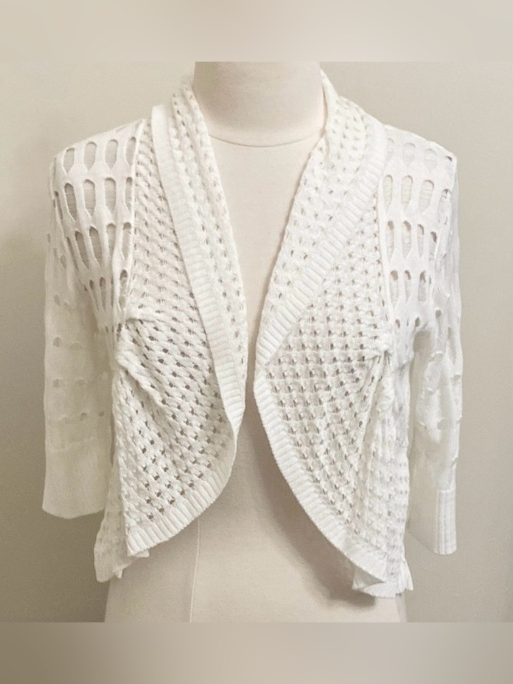 Yarn Art White M Whimsical Coastal Cottagecore Crochet Open-knit Crop Cardigan